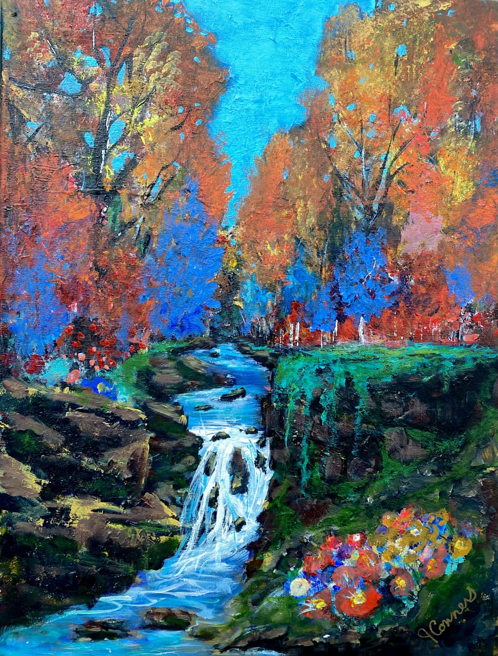 Colorful acrylic landscape of a waterfall surrounded by vivid blue and orange autumn trees