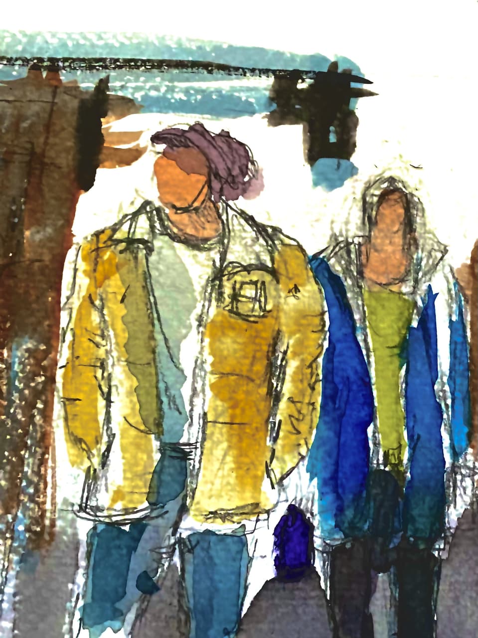 Watercolor landscape of a trail leading into autumn trees in warm rust and copper tones