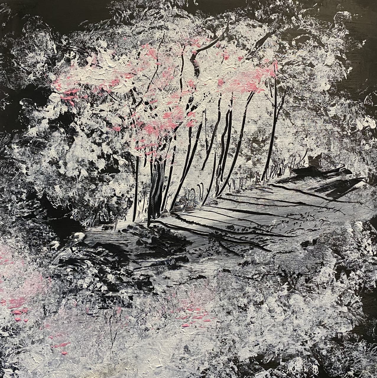 Monochromatic acrylic painting of a forest path with pink blossom accents on dark trees