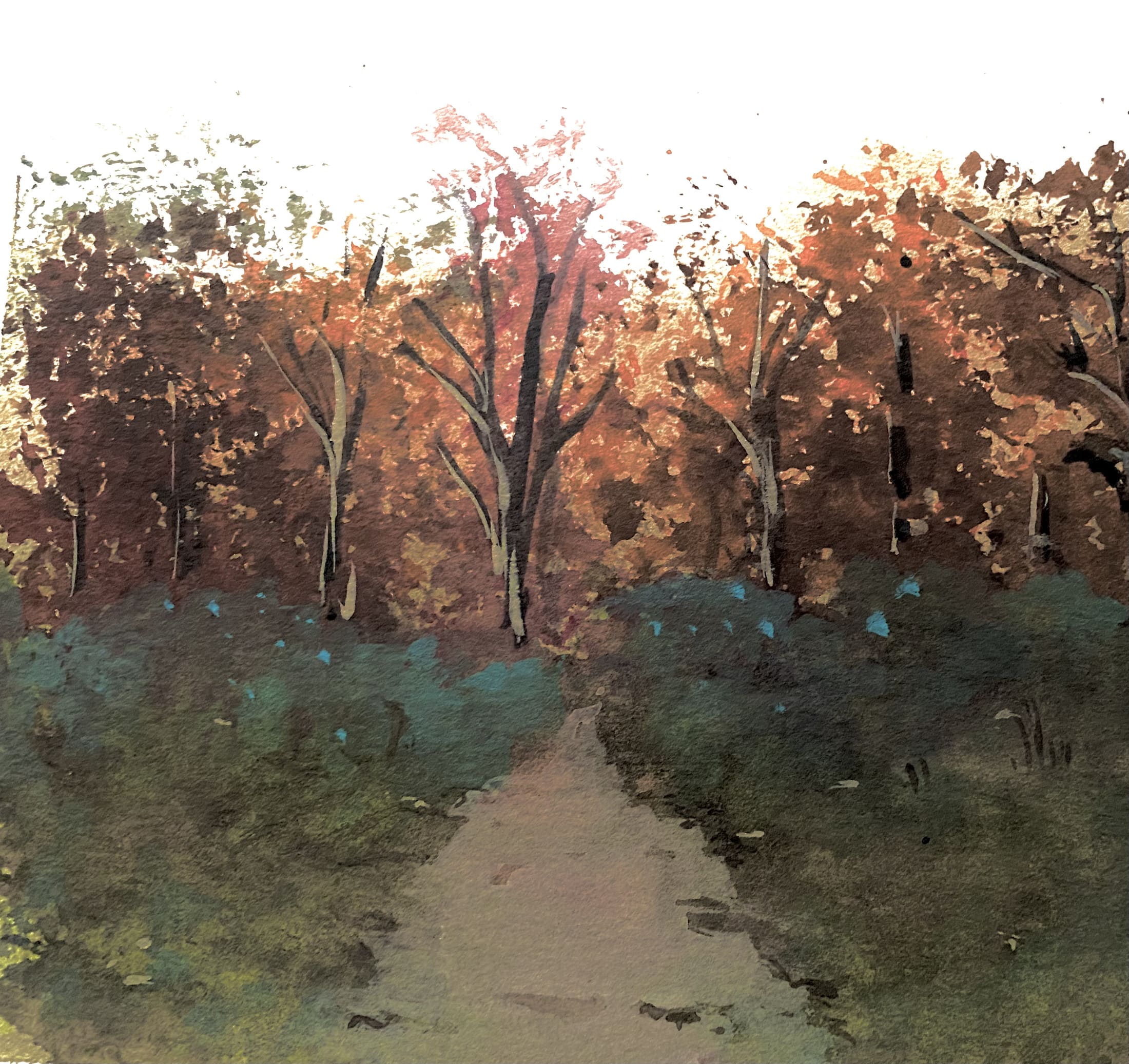 Minimalist watercolor of a crowd of people silhouettes in various shades of blue on white