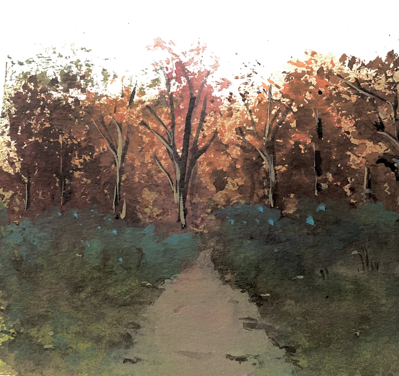 Minimalist watercolor of a crowd of people silhouettes in various shades of blue on white