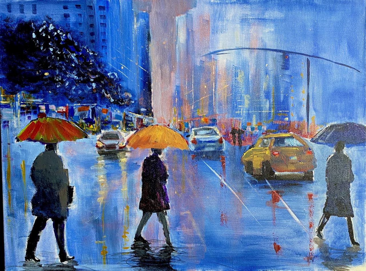 Acrylic painting of a rainy blue city street with bright orange umbrellas and yellow taxis