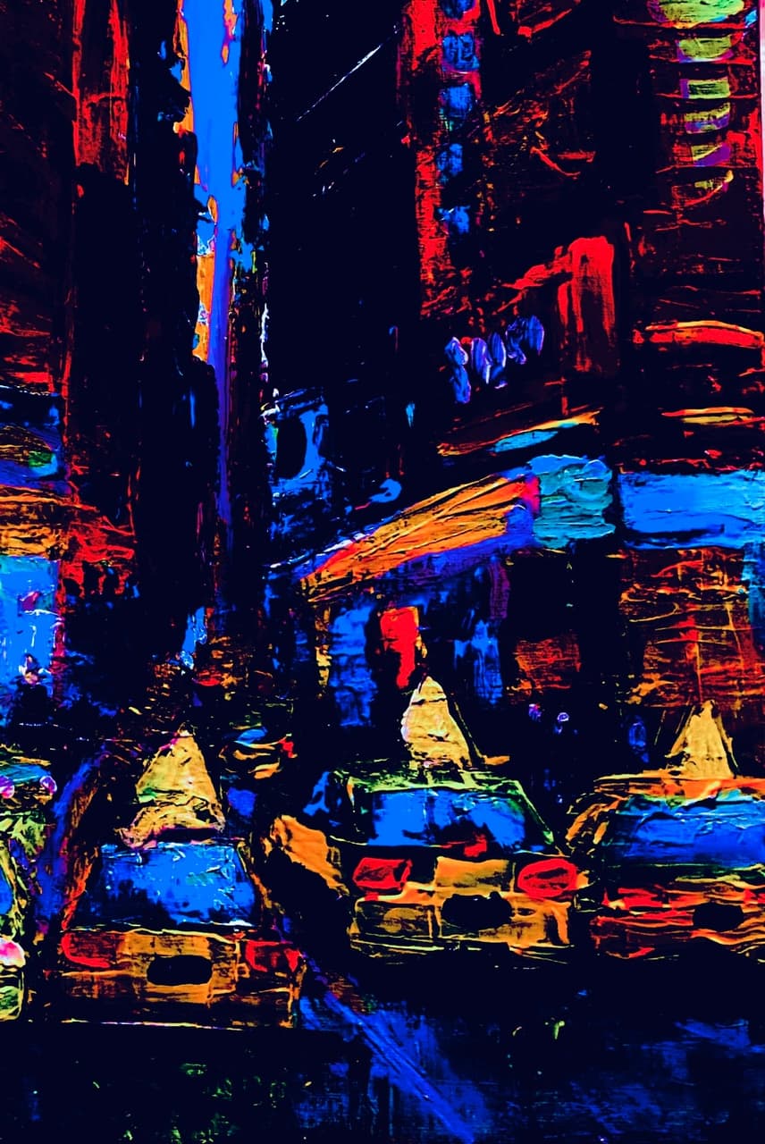 Atmospheric watercolor aerial view of a misty city grid with rain and reflected light