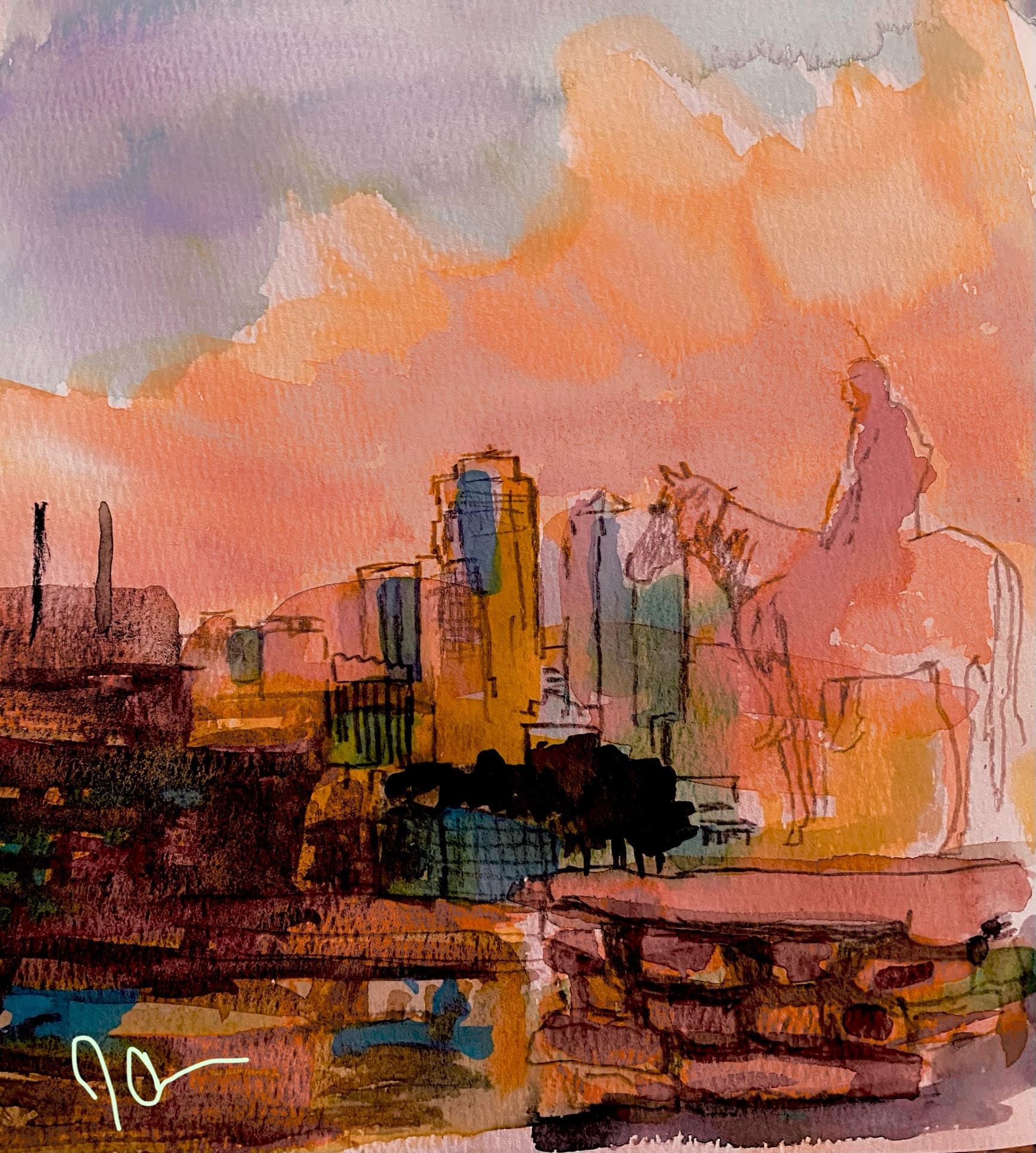 Oil painting of a rainy city intersection viewed from above with reflective wet streets and misty skyline