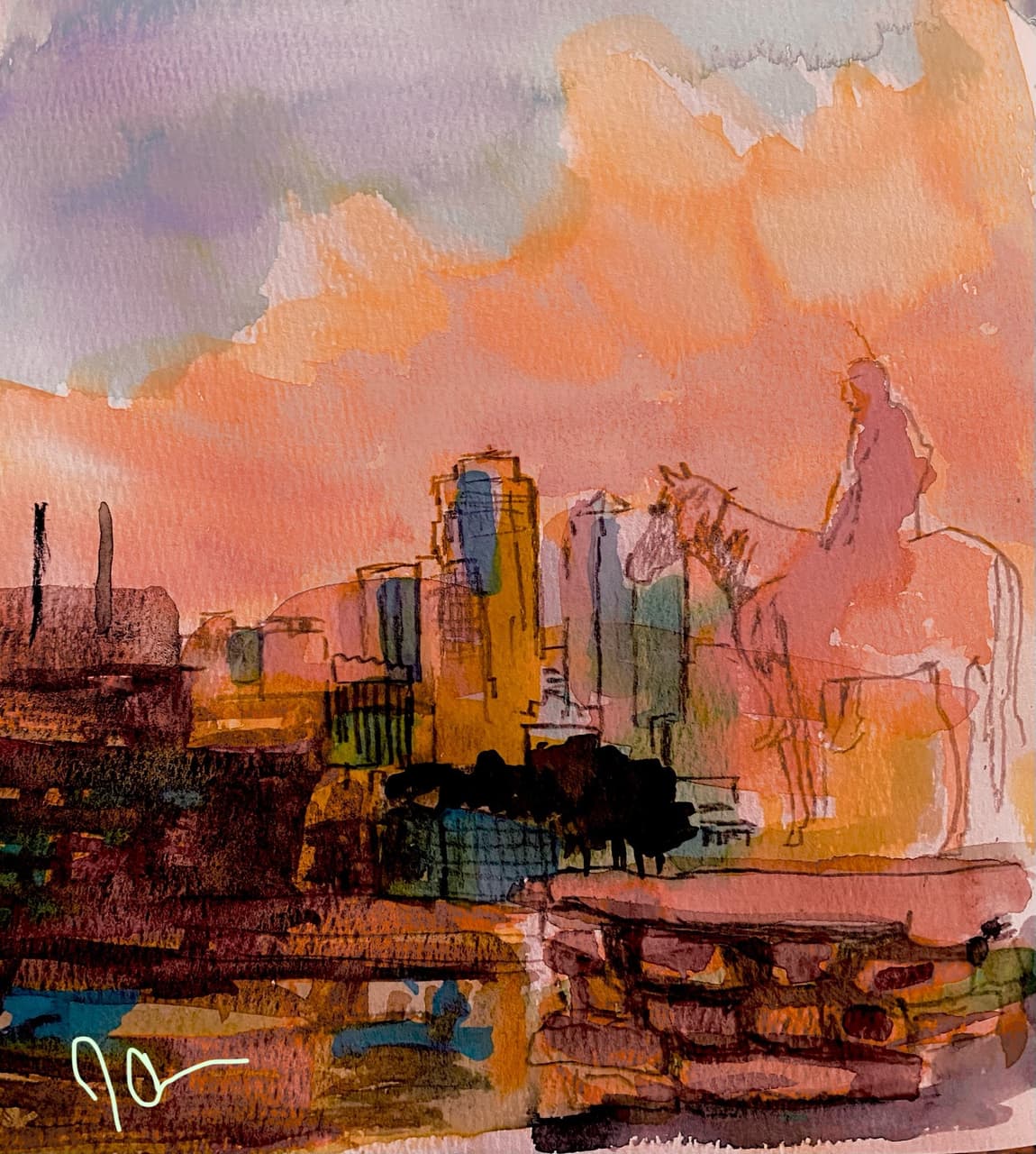 Oil painting of a rainy city intersection viewed from above with reflective wet streets and misty skyline