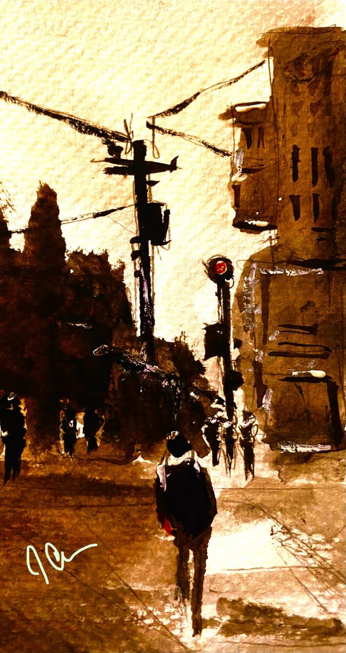 Watercolor of silhouetted figures with umbrellas crossing a rainy city street with teal and amber buildings