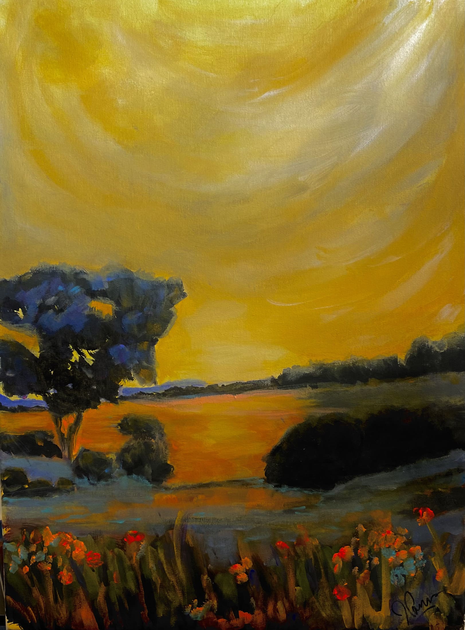 Acrylic painting of a figure with umbrella in an intensely green-lit rainy city street at night