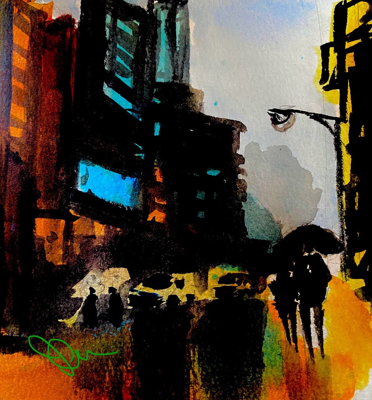 Watercolor of equestrian statue silhouette against a peach and coral urban skyline at sunset