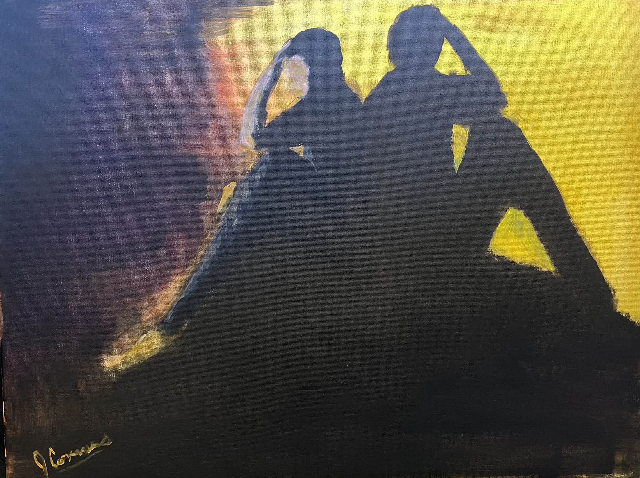 Acrylic painting of two silhouetted figures leaning together against a warm golden and dark background