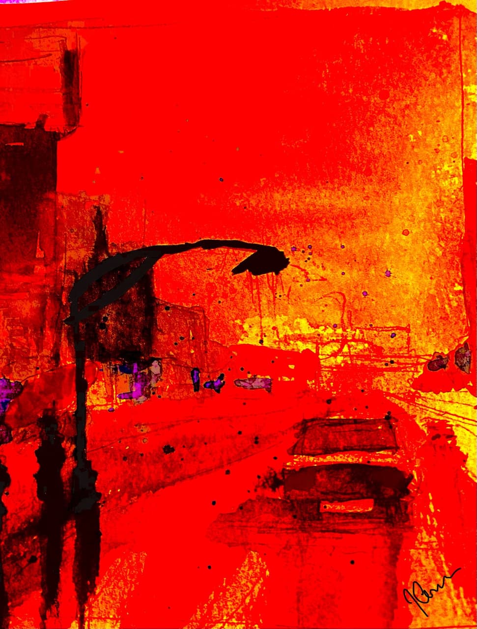 Abstract urban intersection bathed in intense red and orange tones with silhouetted traffic light and car