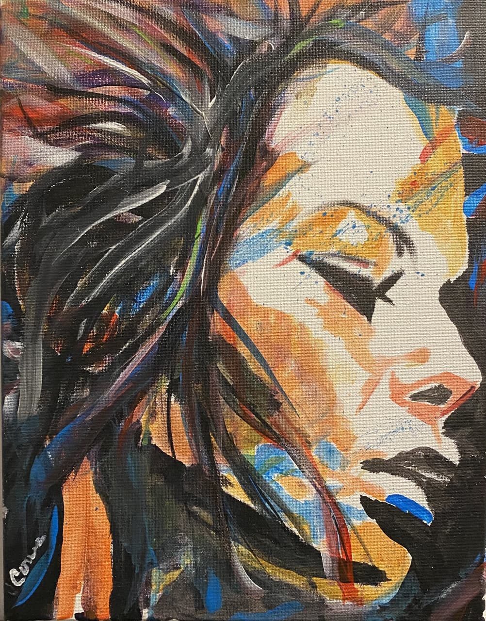 Expressive acrylic portrait of a woman in profile with windswept hair in bold orange and black strokes