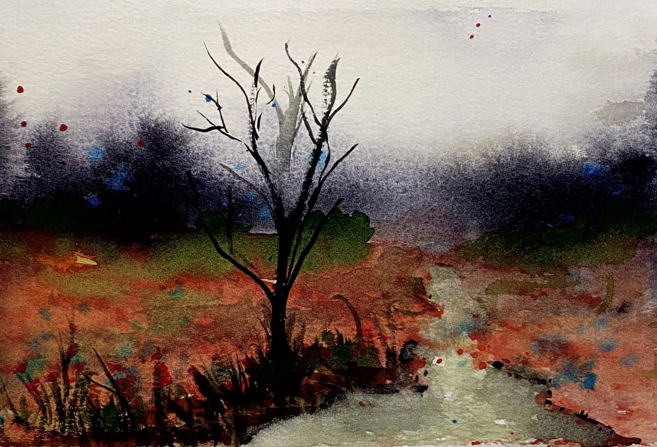 Watercolor of a solitary bare tree in autumn marshland with rust grasses and pale stream