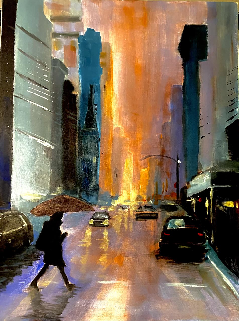 Acrylic painting of a lone umbrella figure crossing a city street with dramatic golden light between tall buildings