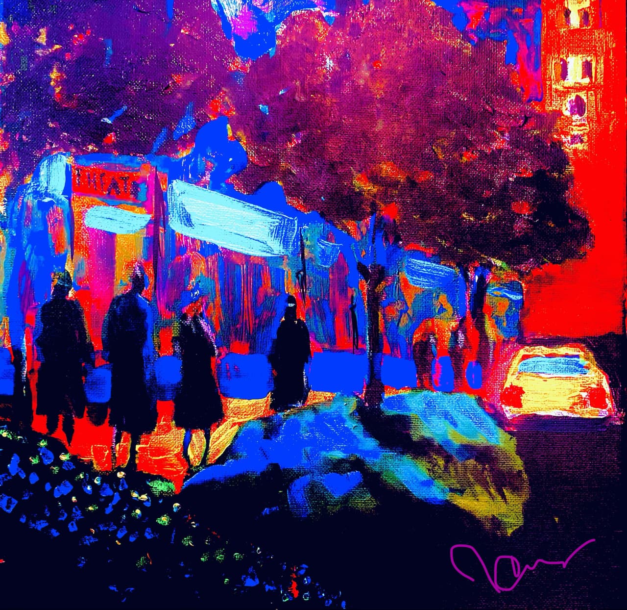 Intensely saturated acrylic painting of a neon-lit urban street scene with vibrant blues, reds, and magentas