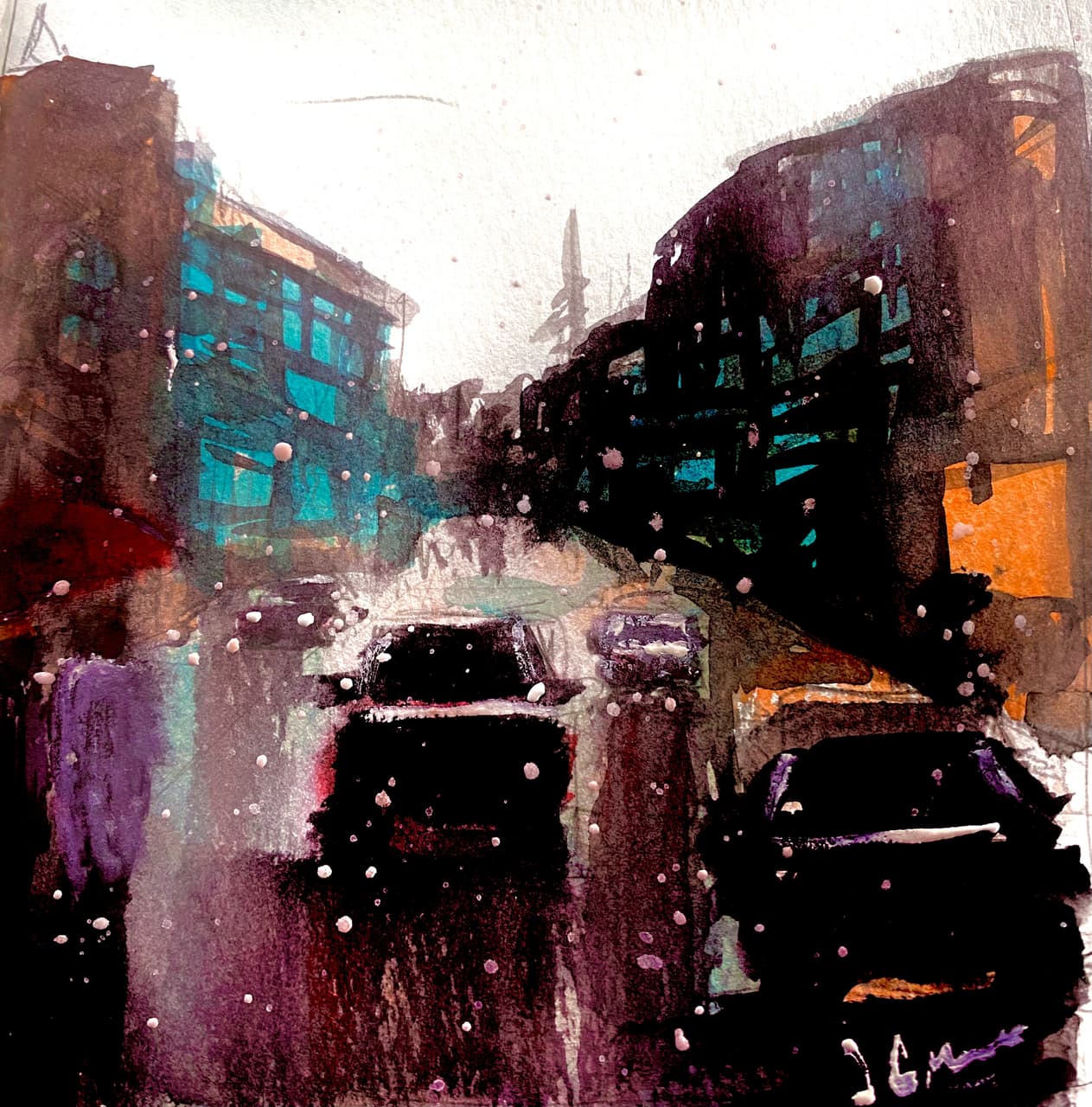 Acrylic painting of a bridge at night with blue structural elements and warm amber city lights in background