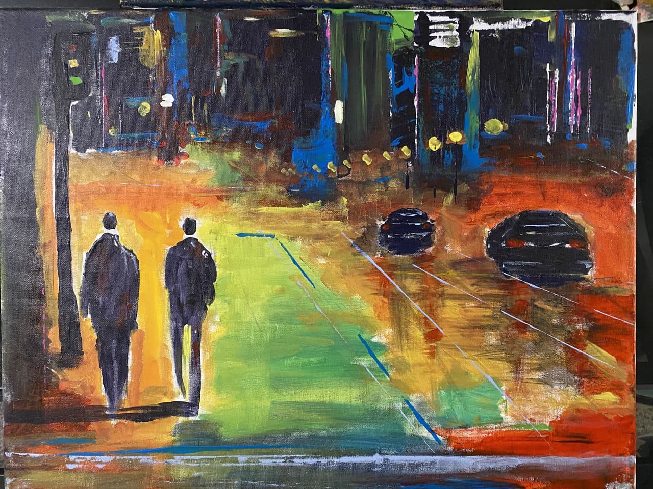 Acrylic painting of two silhouetted figures walking on a neon-lit wet city street at night
