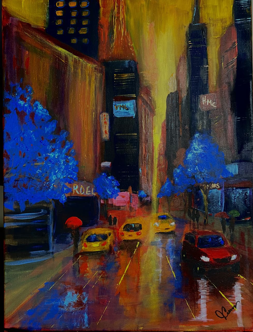 Acrylic painting of a rainy city afternoon with yellow taxis, colorful umbrellas, and neon storefronts