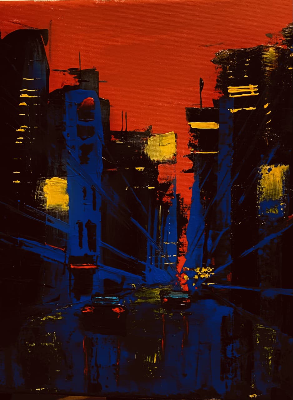 Watercolor of the Guggenheim museum in rain with blue umbrella figure and grey atmospheric wash