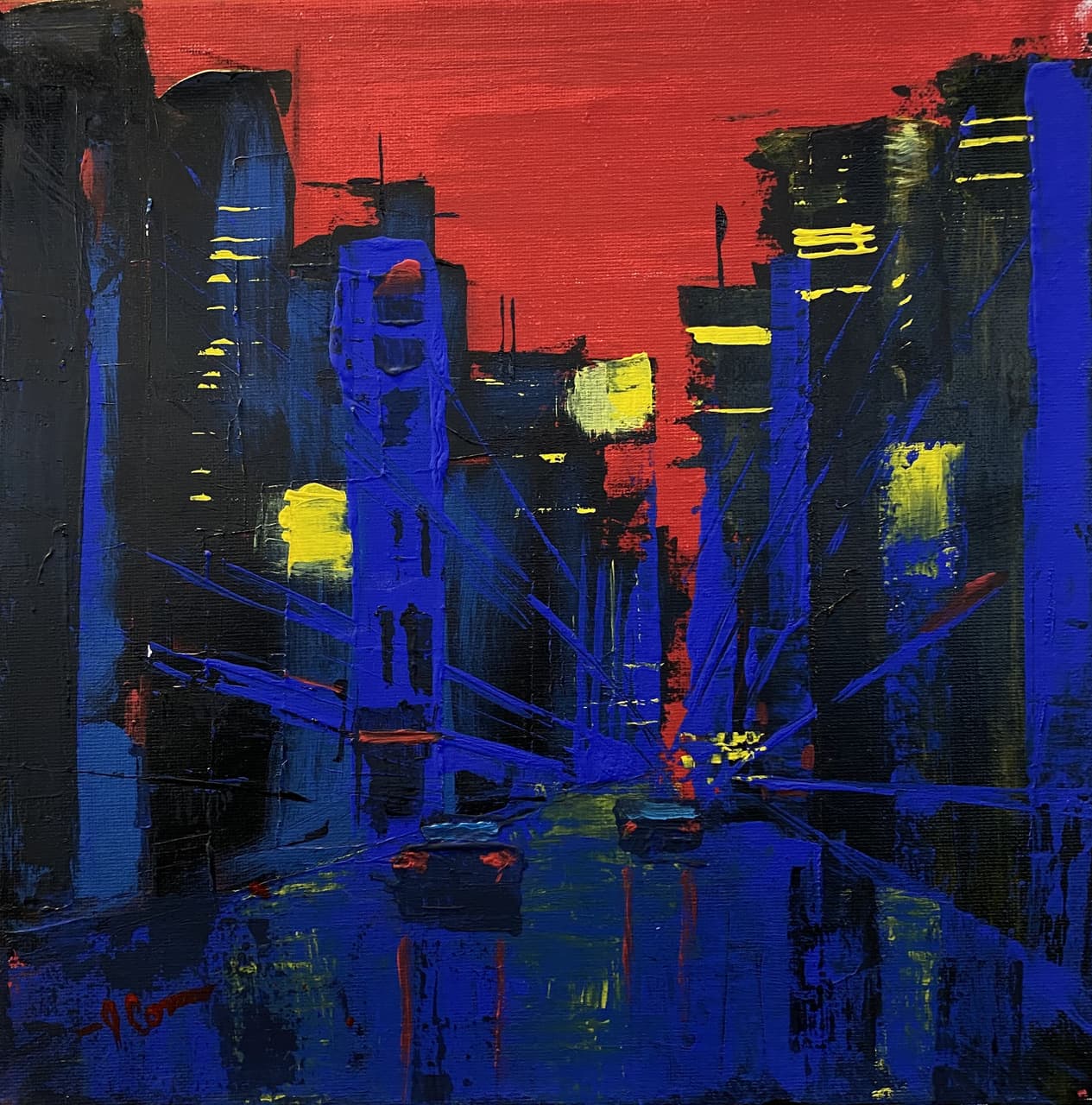 Bold acrylic of dark blue city buildings against an intense red sky with yellow window lights