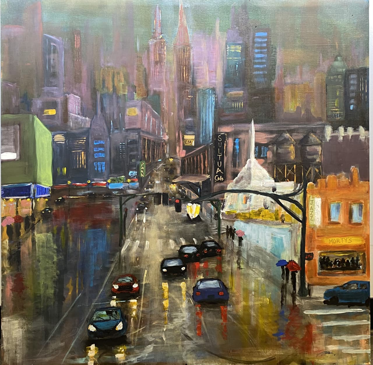 Bold acrylic painting of blue skyscrapers against a vivid red sky