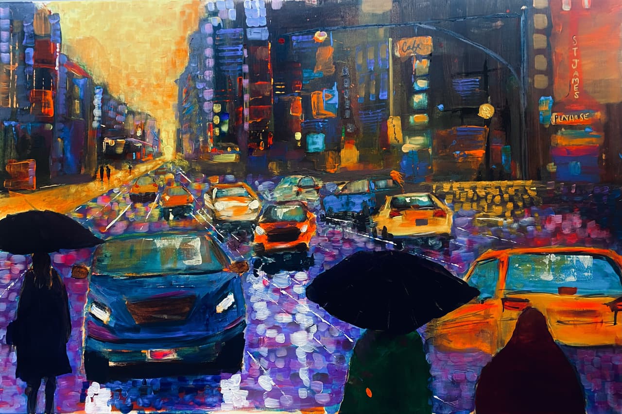 Sepia-toned watercolor of a lone figure walking under traffic lights and power lines on a city street