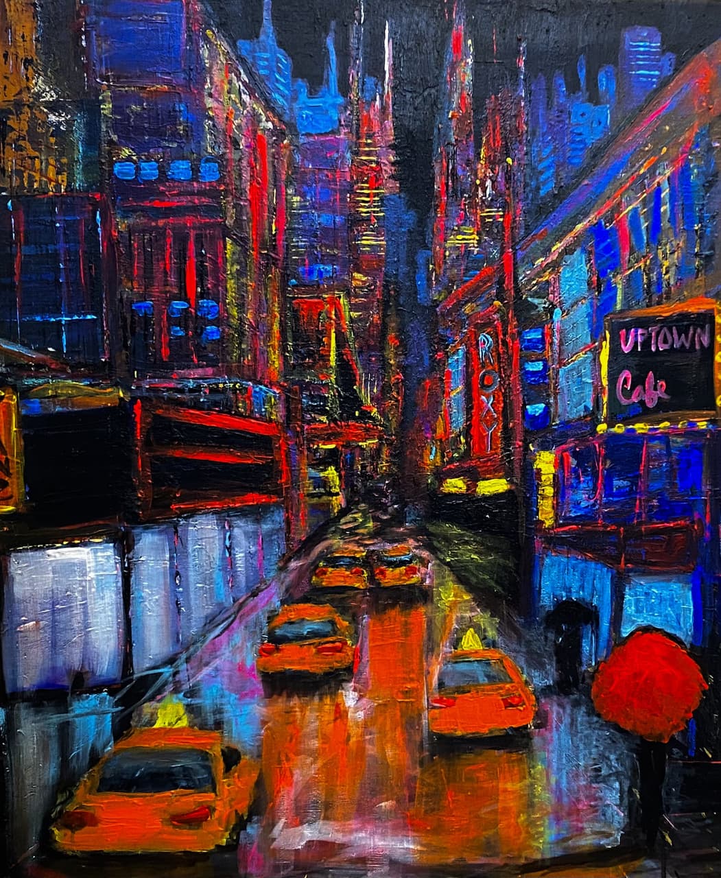 Atmospheric watercolor of city traffic in falling snow with teal and purple tones