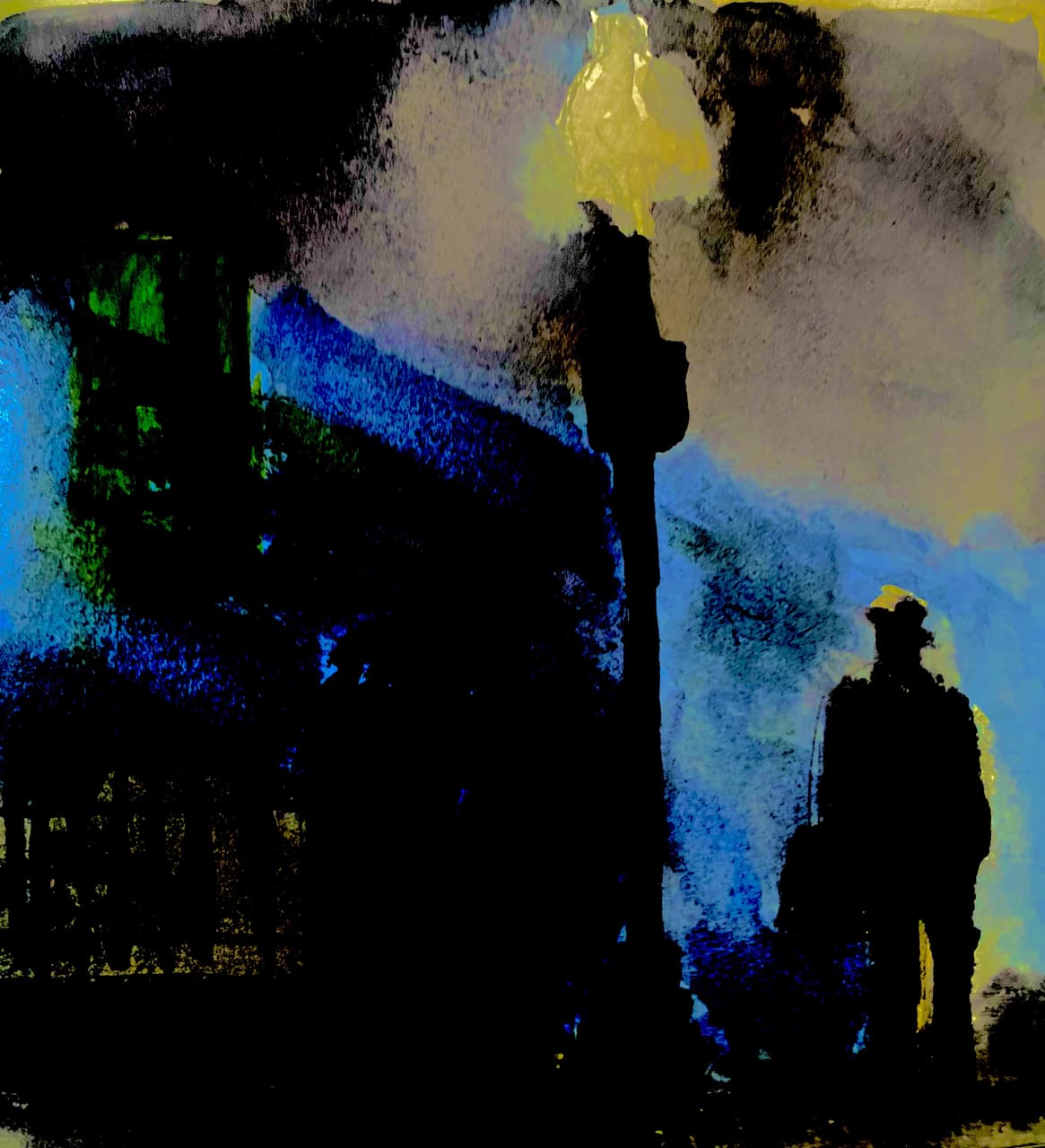 Silhouetted figure standing under a glowing streetlamp in a dark blue and black urban night scene