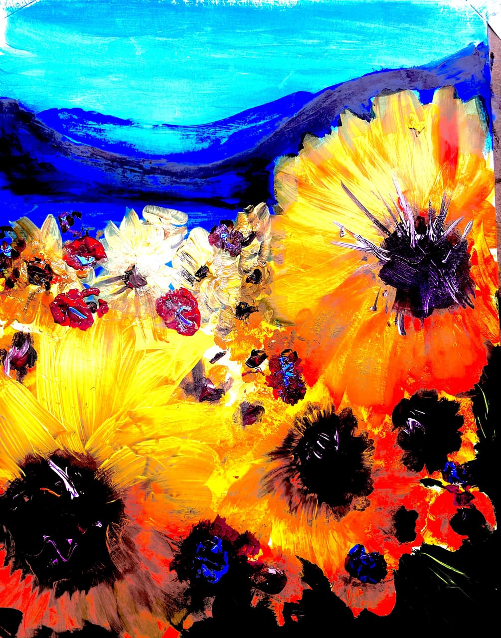Vivid acrylic painting of large yellow and orange sunflowers against a bright blue sky