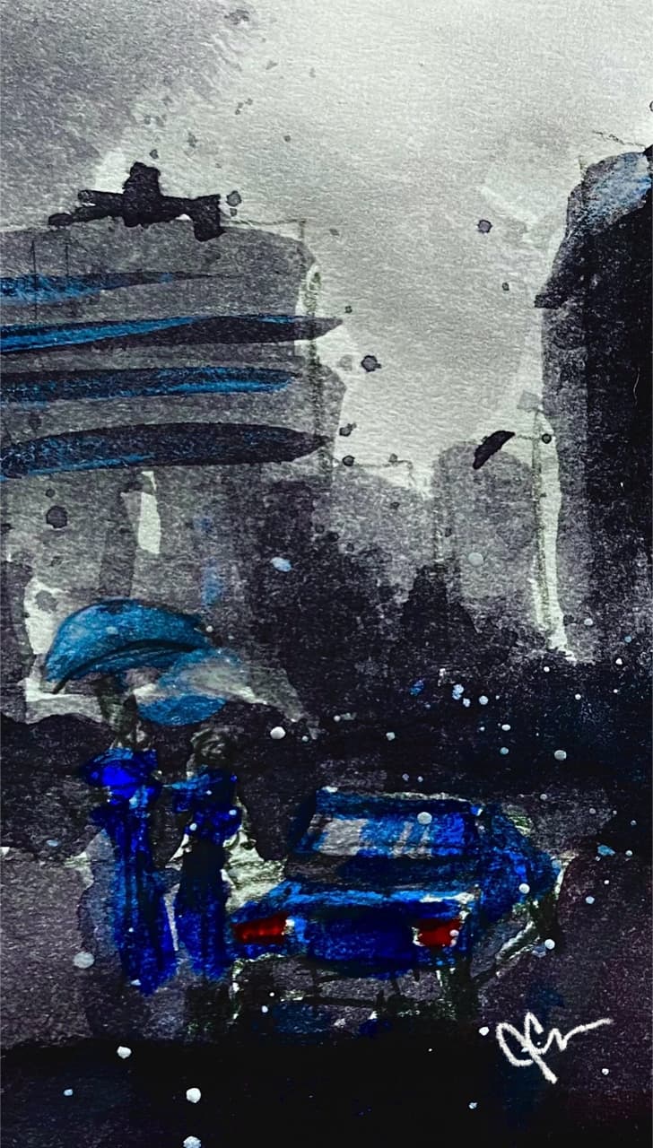 Watercolor of a person with blue umbrella and blue car in a grey rainy cityscape