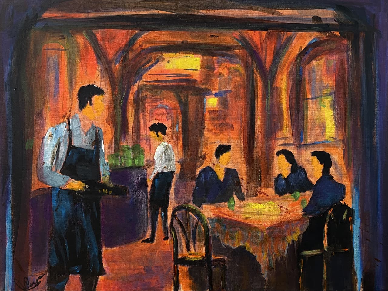 Acrylic interior scene of a waiter in a warmly lit restaurant with arched columns and seated diners