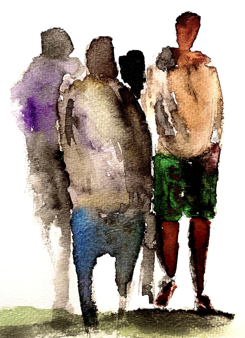 Watercolor painting of three people walking away from viewer in muted earth tones