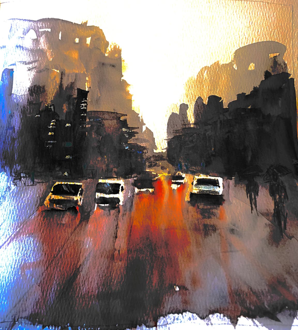 Atmospheric watercolor of dark car and building silhouettes against a glowing backlit city street