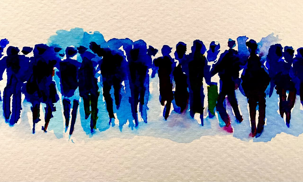 Gestural watercolor sketch of two people in yellow and blue jackets