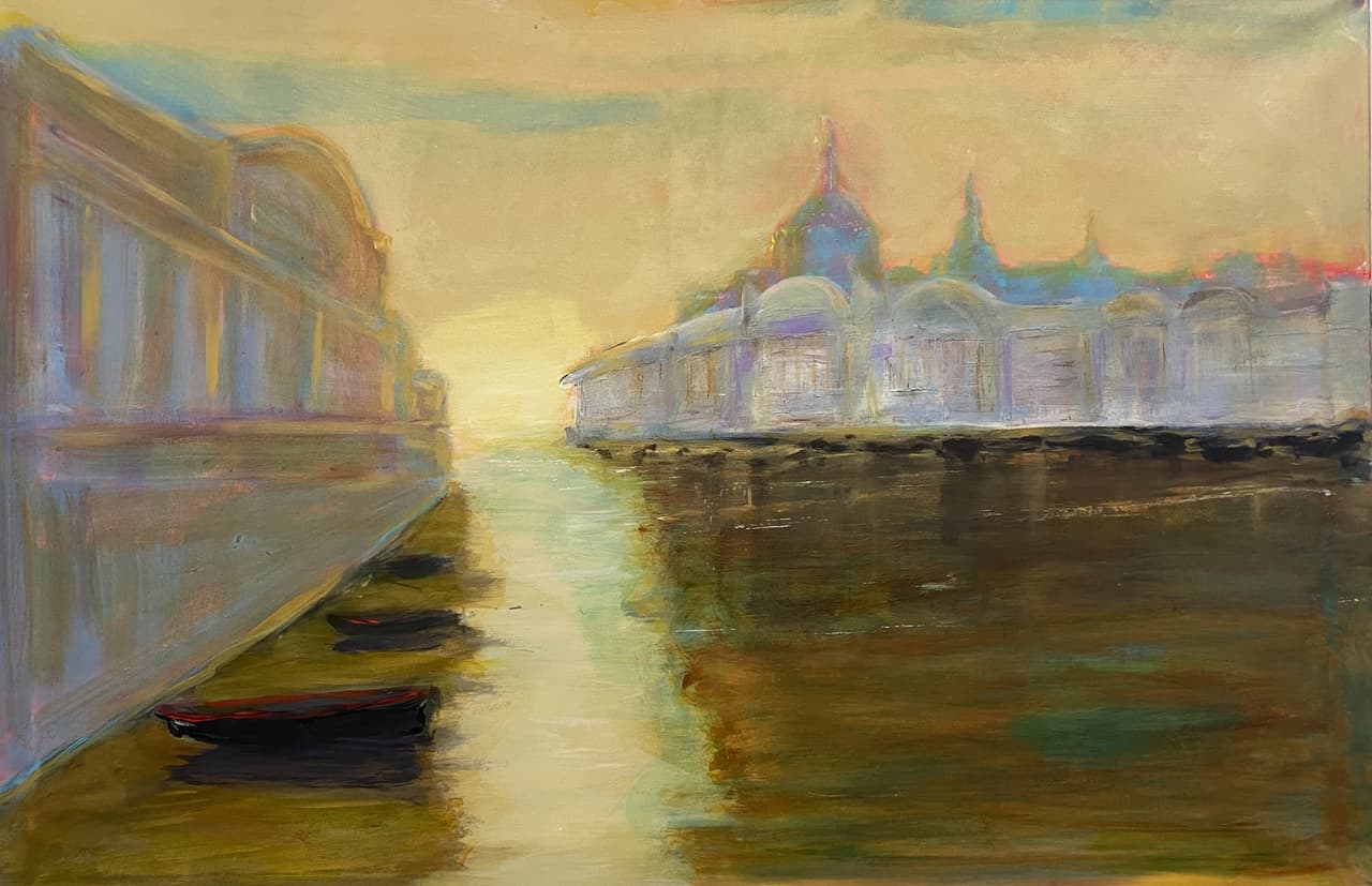 Vibrant acrylic night scene of Times Square with neon signs, yellow taxis, and blue-red city lights