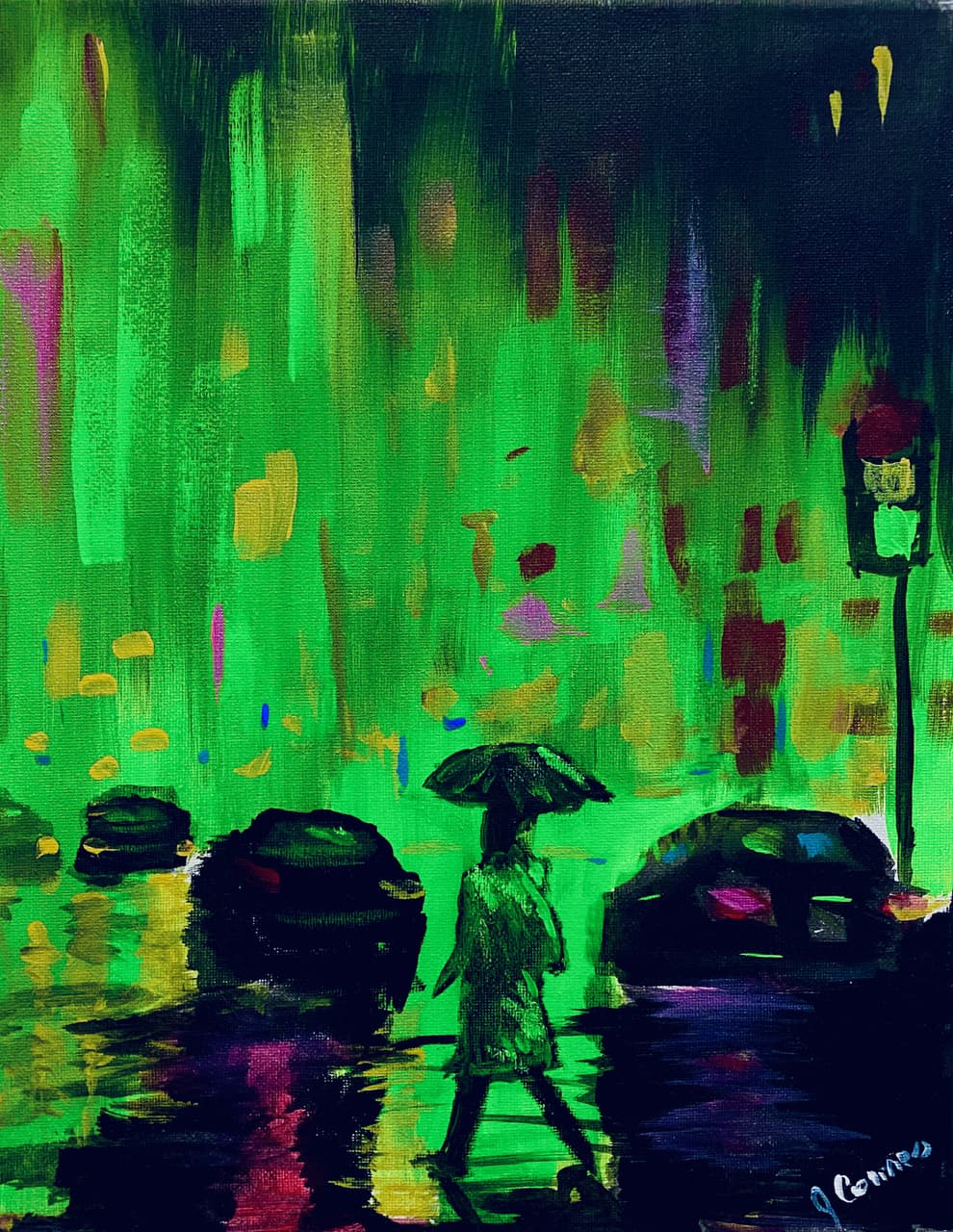 Oil painting of a Venice canal in golden haze with domed buildings and a lone gondola