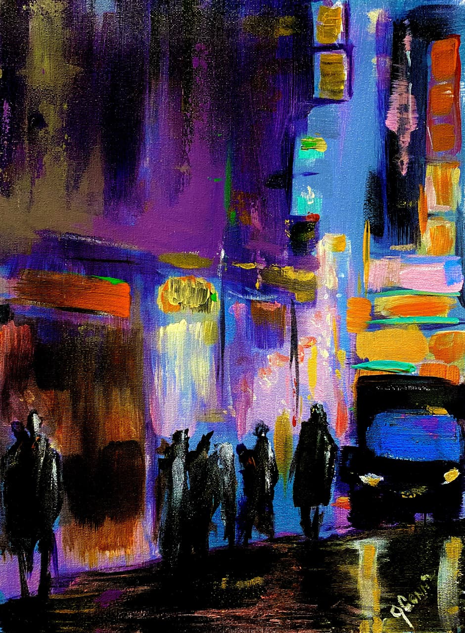 Vibrant acrylic painting of city figures in a purple and orange lit urban night scene with neon reflections