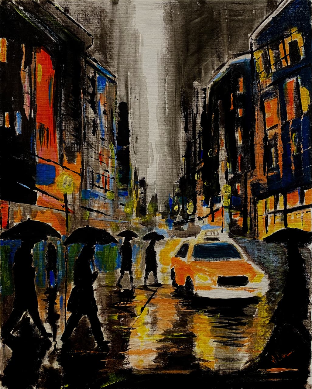 Dramatic acrylic night scene of silhouettes with umbrellas near a taxi on rain-streaked dark city streets